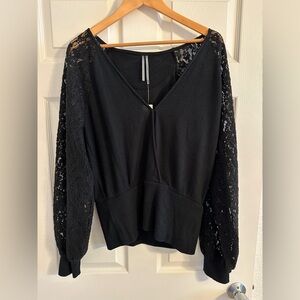 NWT Anthropologie Black Knit Lace Longsleeve Crossover V Neck Blouse Top XL